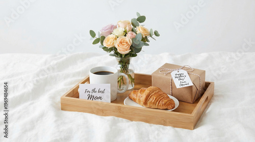 Breakfast tray coffee cup croissant flower bouquet gift box white bed wooden tray morning meal cozy setting greeting card, Breakfast tray with