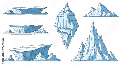 Graphic collection of various iceberg and ice formation shapes for arctic environment and climate change themes.