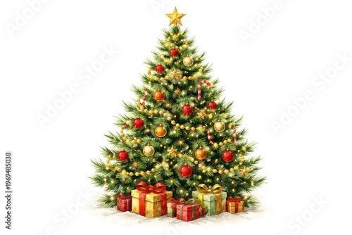 Watercolor Christmas Tree With Gifts Isolated On White Background