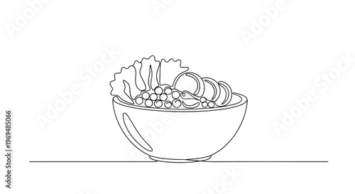 Minimalist Line Art Bowl of Salad with Lettuce and Peas