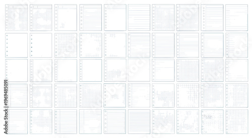 Detailed grid collection of various blank paper and notebook page templates for school and office organization.