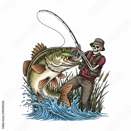 Skeleton fisherman catching big walleye fish in the river