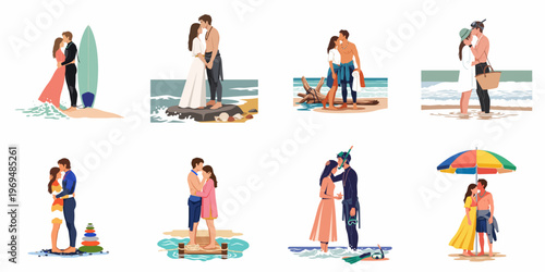 Collection of eight romantic illustrations featuring a young couple enjoying various activities and moments on the beach and in the ocean during a summer vacation.
