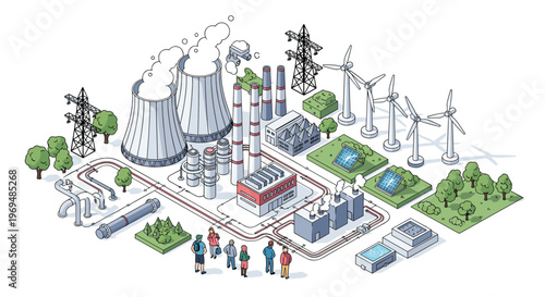 Detailed isometric modern industrial power plant complex with green energy sources and visitors for education.