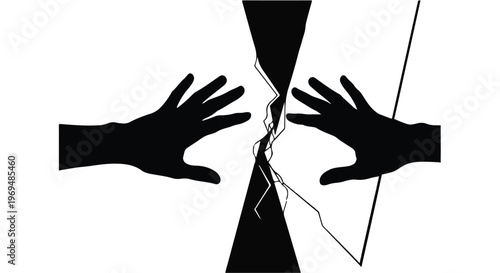Two hands reaching across a stark, fractured divide, symbolizing conflict and division.