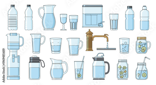 Complete collection of various water containers like glasses and bottles for daily hydration and health themes.