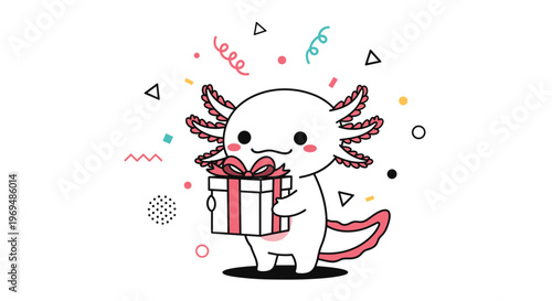 Adorable white cartoon axolotl holding a wrapped gift box with a pink bow, surrounded by festive confetti and geometric party shapes.