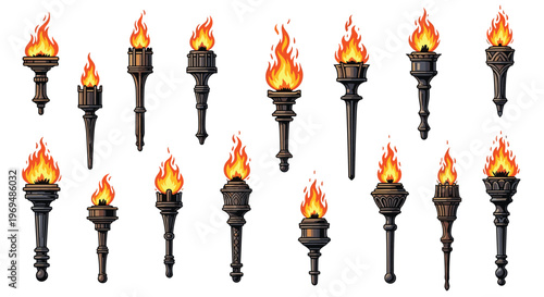 Set of medieval style torches with flickering flames and different handle designs, illustrated in a detailed pixel art or graphic style.