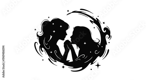 Two women in silhouette embracing, surrounded by a cosmic swirl of stars and curves, symbolizing connection and wonder.