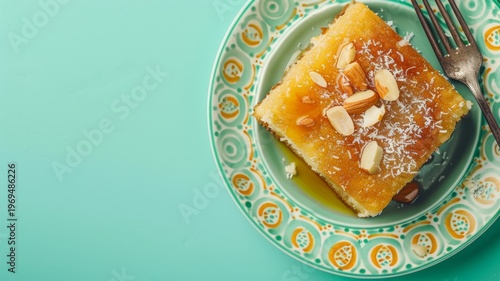 Delicious semolina cake basbousa soaked in sweet honey syrup topped with crunchy almonds served on a decorative vintage plate against a vibrant mint green background