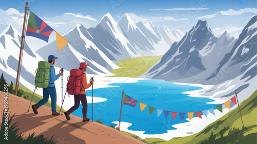 Two hikers with backpacks walking on a trail with prayer flags in a serene mountain landscape with a lake
