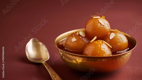 Delicious gulab jamun sweet balls served in a traditional golden brass bowl with a spoon on a dark maroon background for festive dessert celebration photography