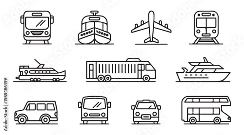 Collection of ten transportation icons: various buses, cars, trains, ships, and an airplane in outline style.