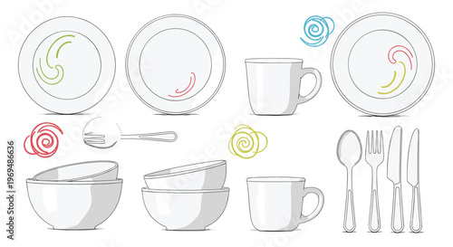Collection of simple white dishes including plates, bowls, mugs, and a full set of silverware like spoons, forks, and knives for home use.
