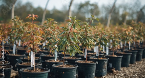 Young maple saplings cultivated in plastic pots at nursery