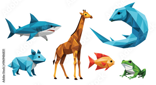 Group of various animals including a shark, giraffe, frog, and fish, created in a modern low poly geometric style with vibrant colors.