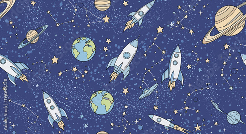 Vibrant seamless pattern of outer space featuring rockets, planets, stars, and constellations on a dark blue galactic background.