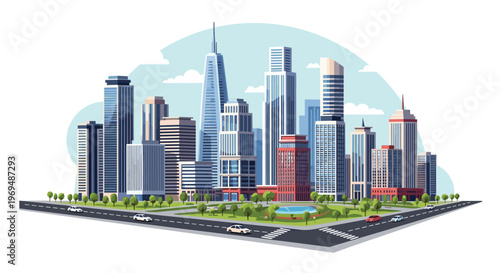 Detailed illustration of a modern metropolitan city skyline with diverse skyscrapers, green parks, and busy roads with moving vehicles.