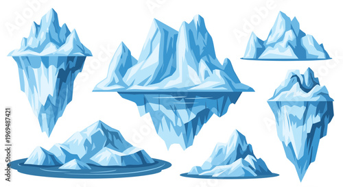 Collection of massive icebergs floating in deep blue water, showing both the visible tops and the larger underwater portions of the ice.