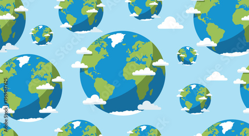 Simple seamless pattern of planet Earth globes surrounded by white fluffy clouds on a light blue background, perfect for educational themes.