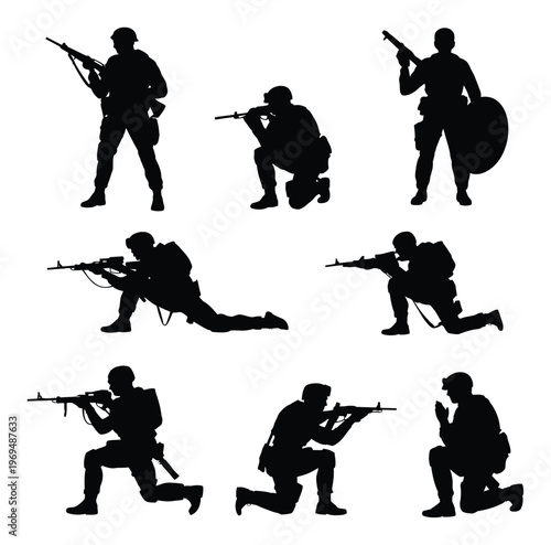 Silhouette of Soldiers in Combat Poses with Rifles