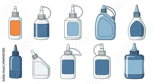 Collection of different types of adhesive and glue bottles in various shapes, sizes, and colors for craft and school projects.