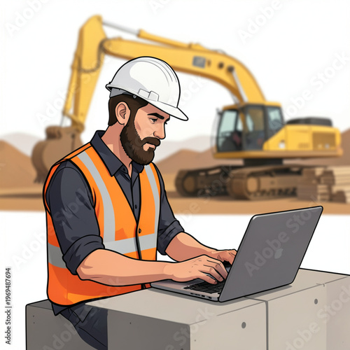 Construction Foreman Managing Project Digitally on Excavator Background Vector