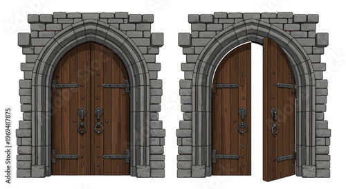 Two versions of a medieval stone archway with heavy wooden doors, one closed and one slightly open, showing detailed textures.