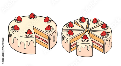 Whole strawberry cream cake with one slice removed, alongside its individual pieces arranged for serving, shown in a sweet cartoon style.
