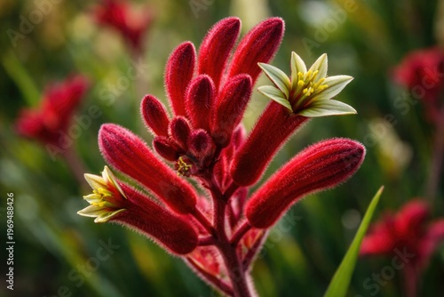 Close up of a vibrant red kangaroo paw flower in natural habitat
