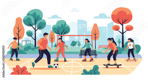 Group of active young people roller skating, skateboarding, and playing soccer in a vibrant urban park with a city skyline view.