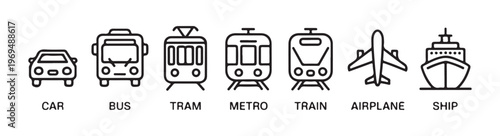 Set of seven transportation icons: car, bus, tram, metro, train, airplane, and ship illustrations.