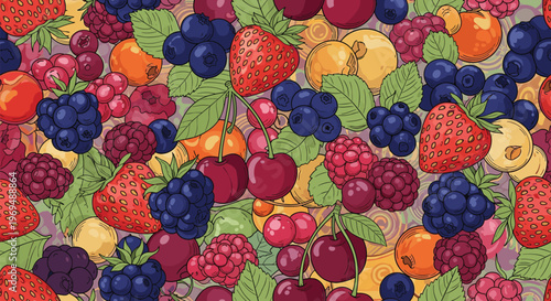 Dense and colorful seamless pattern filled with various fresh berries like strawberries, blueberries, cherries, and raspberries for a natural look.
