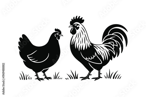 Black and white silhouette of a chicken and rooster standing on grass