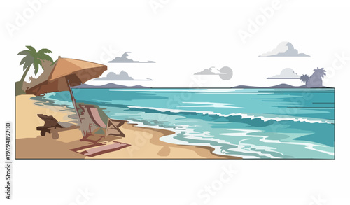 Colorful tropical beach landscape vector with ocean waves umbrella chair and summer seaside elements sketch illustration