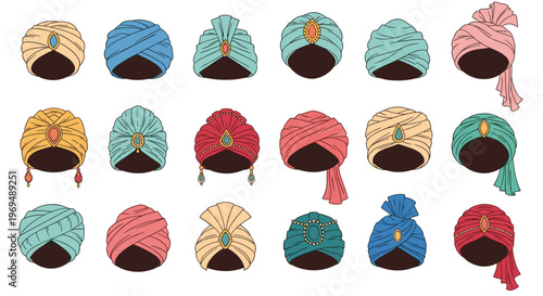 Collection of various colorful turbans and headwraps with decorative jewels and ornaments displayed on a white background.