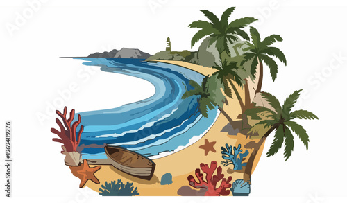 Seaside beach vector illustration with lighthouse boat palm trees and coastal decorative elements colorful sketch style