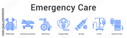 Emergency care banner web icon presents lifesaving equipment for rapid response and critical patient treatment.