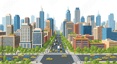 High angle view of a busy metropolitan city intersection with many yellow taxis, vehicles, and pedestrians moving along tree-lined streets.