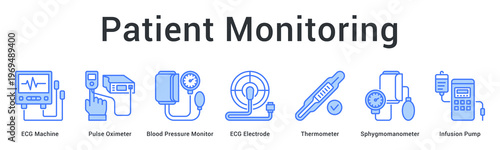 Patient monitoring banner web icon tracks vital signs and cardiac activity for continuous health surveillance.