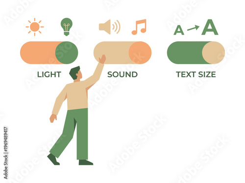 A user interacts with digital interface settings, adjusting options for light, sound, and text size to personalize their experience and improve accessibility and usability