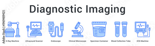 Diagnostic imaging banner web icon combines advanced visualization and testing equipment for accurate medical diagnosis.