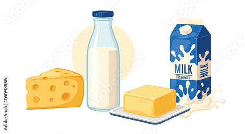 Assorted fresh dairy products including a bottle of milk, cheese wedge, butter block, and a carton of milk on a white background.