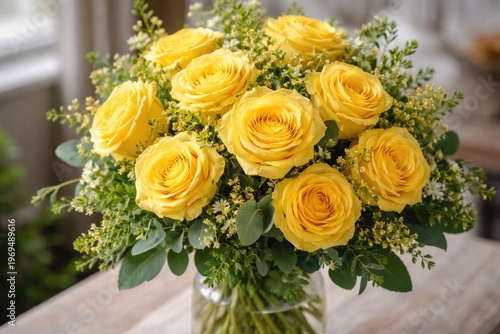 A bright bouquet of yellow roses with fresh green foliage in a charming floral arrangement