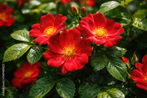 Close up of vibrant red flowers with fresh green leaves under natural light