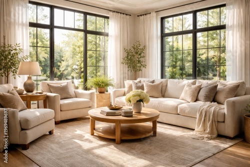 inviting living room featuring plush seating and abundant natural sunlight through expansive windows