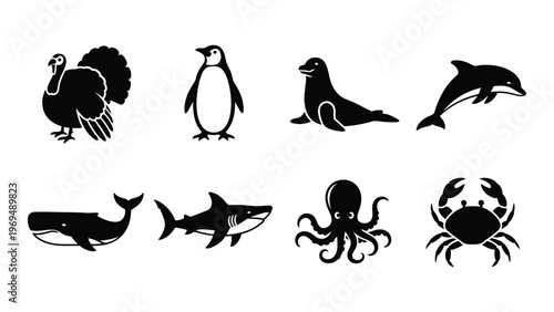 A collection of diverse marine and avian animals are depicted in stark black silhouettes showcasing their distinct forms high quality professional