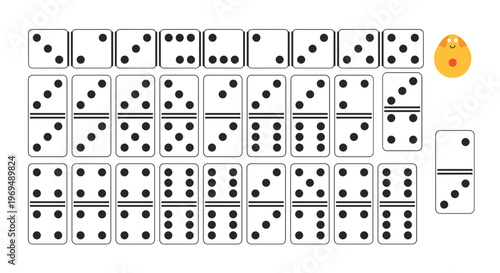 Complete set of white domino tiles with black dots arranged in rows for a traditional board game activity on a white background.