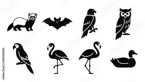 A collection of various animal silhouettes including a ferret bat owl parrot and flamingos in a minimalist style silhouette high quality