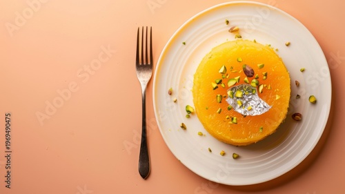 Traditional indian sweet halwa garnished with pistachios and edible silver leaf served on a ceramic plate with a metal fork on a soft pastel peach background